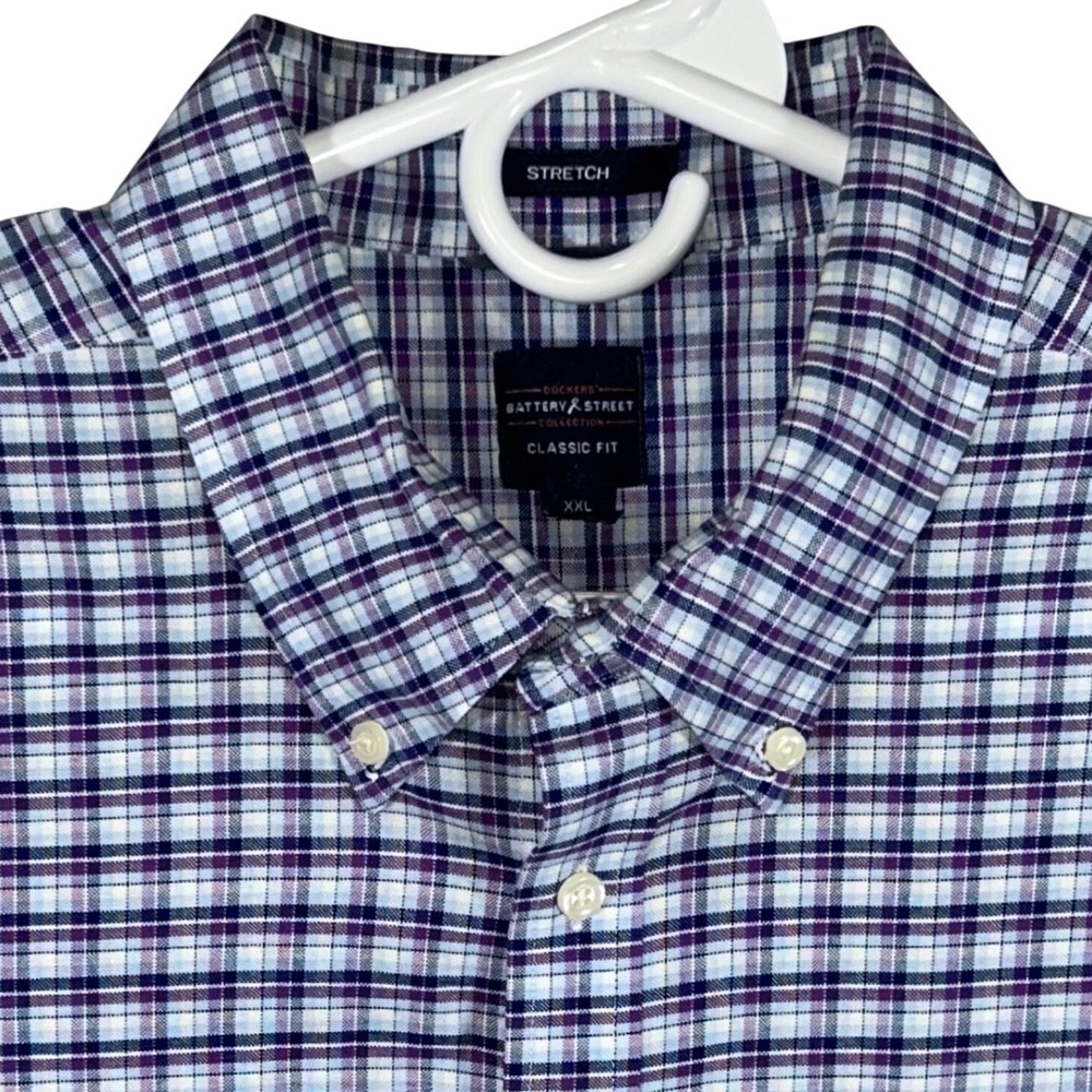 Dockers Battery & Street Mens XXL Classic Fit Purple Blue‎ Plaid Stretch Shirt